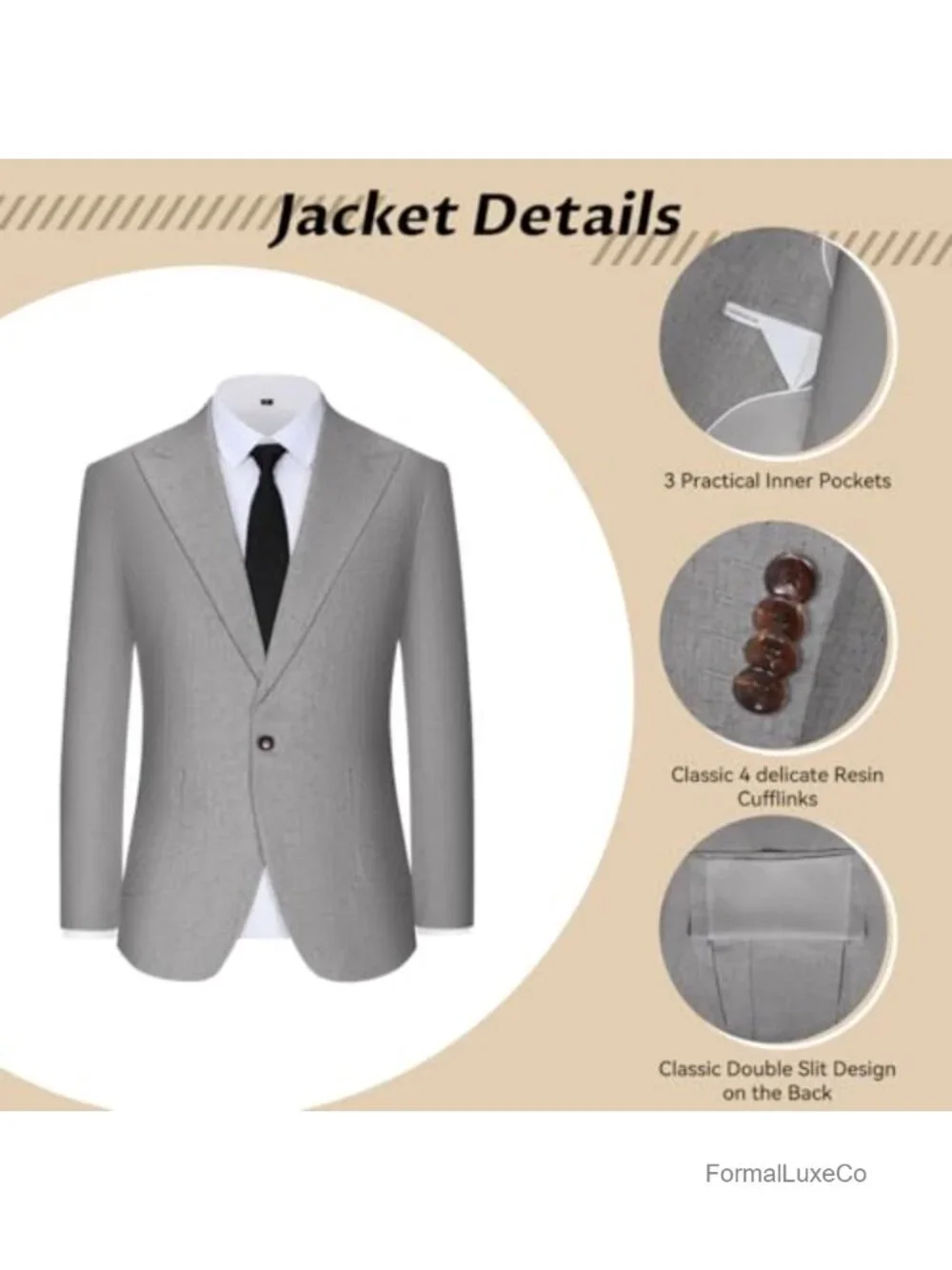 Men's 2 Piece Linen Suit Set - Peak Lapel Single Breasted Blazer & Flat Front
